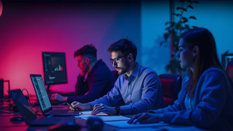 Team di sviluppatori e analisti al lavoro in un ambiente moderno e tecnologico, con laptop e monitor che visualizzano dati e codice, a rappresentare l’Intelligenza Artificiale in azione.