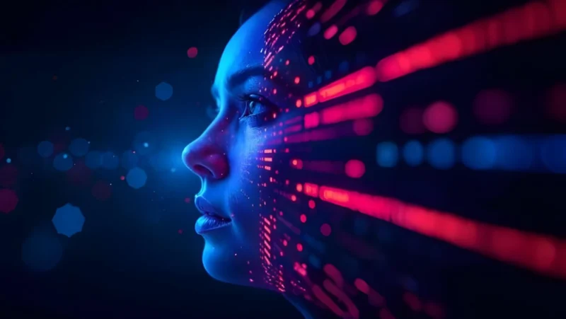 Volto femminile stilizzato in primo piano, illuminato da luci blu e attraversato da dati digitali fucsia, a rappresentare l’intelligenza artificiale e le competenze tecnologiche avanzate.