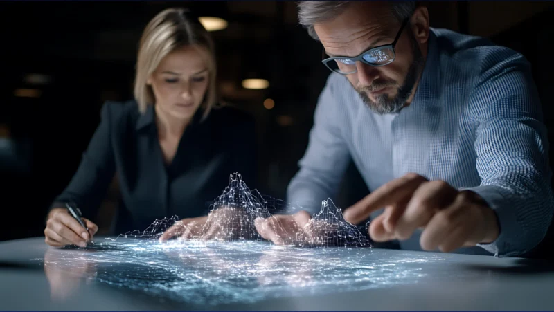 Due consulenti aziendali analizzano una mappa olografica di dati tridimensionali, simbolo della valutazione strategica delle opportunità offerte dall’intelligenza artificiale.