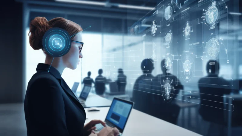 Donna che partecipa a un corso di formazione sull'intelligenza artificiale con interfaccia digitale, laptop e dati olografici, in un ambiente aziendale moderno. Corsi strutturati per approfondire l'AI a vari livelli di esperienza