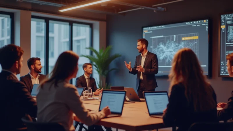 Professionista che conduce un workshop sull’Intelligenza Artificiale in una sala riunioni moderna, con partecipanti attenti e schermi che mostrano dati digitali.