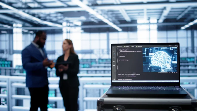 Ricerca e sviluppo avanzato in ambito AI: primo piano su un laptop con interfaccia software e immagine digitale di un cervello, sullo sfondo due professionisti discutono in un moderno centro dati