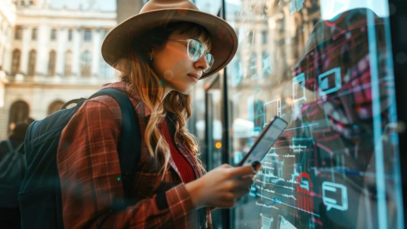 Viaggiatrice con smartphone usa assistente AI per la mobilità.