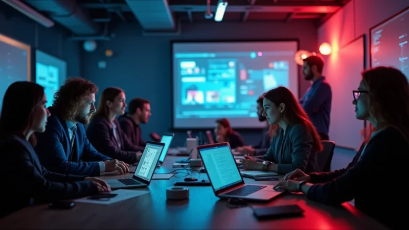 Professionisti durante un workshop pratico su intelligenza artificiale, riuniti attorno a un tavolo con laptop e proiezioni su schermo, impegnati in attività collaborative su casi reali guidati da esperti